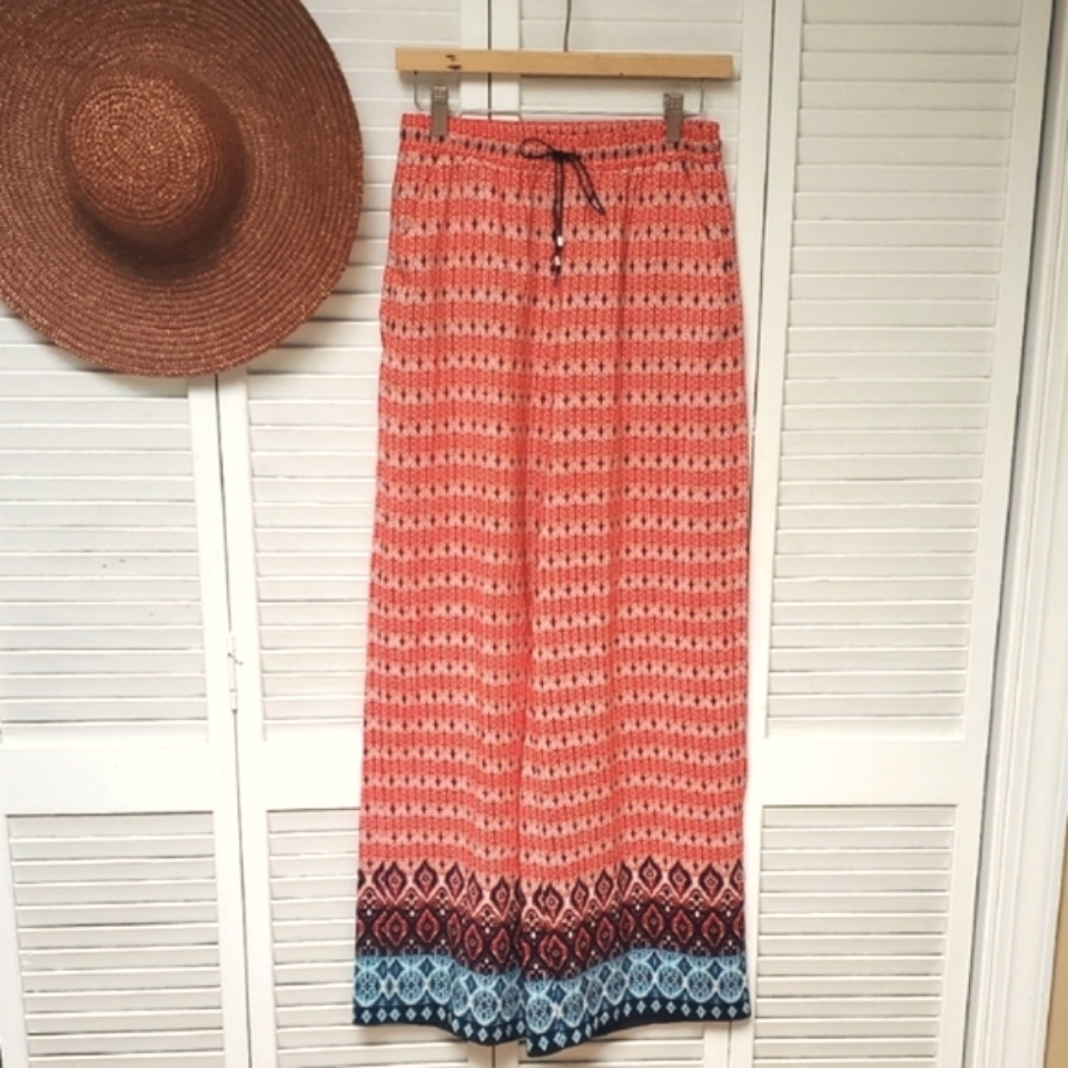 Ny Collection Tropical Boho Ikat Print Resort Lounge Wide Leg Pants Size